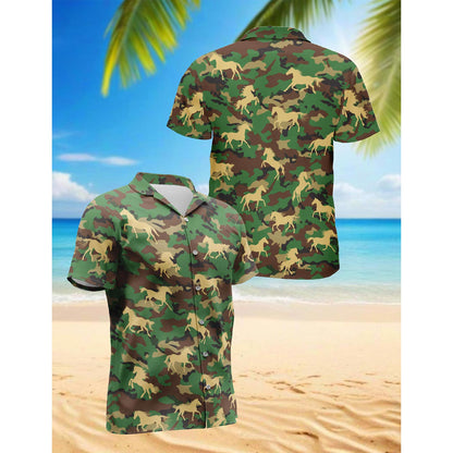 Netecom Horse Camo Hawaiian Shirt for Men, Button Down Summer Beach Short Sleeve, Horse Lover Gift, Sizes S-5XL