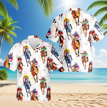 Netecom Horse Racing Pattern Hawaiian Shirt for Men, Button Down Summer Beach Short Sleeve, S-5XL