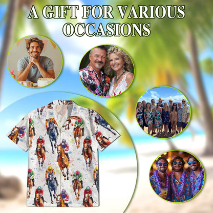 Netecom Horse Racing Pattern Hawaiian Shirt for Men, Button Down Summer Beach Short Sleeve, S-5XL