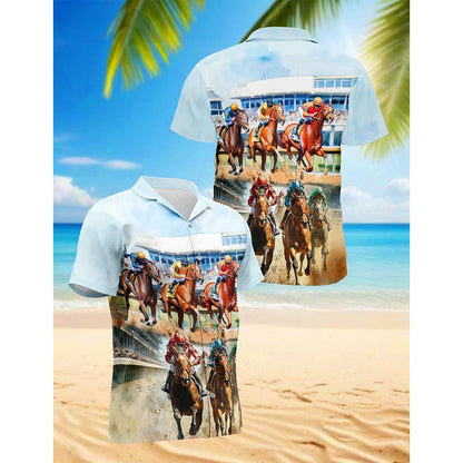 Netecom Horses Racing Hawaiian Shirt for Men, Button Down Summer Beach Short Sleeve, S-5XL