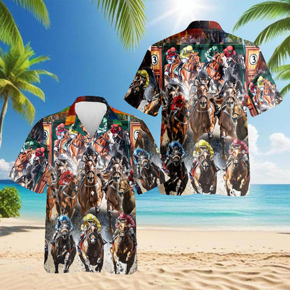 Netecom Horses Racing Hawaiian Shirt for Men, Equestrian Style, Button Down Summer Beach Short Sleeve, S-5XL