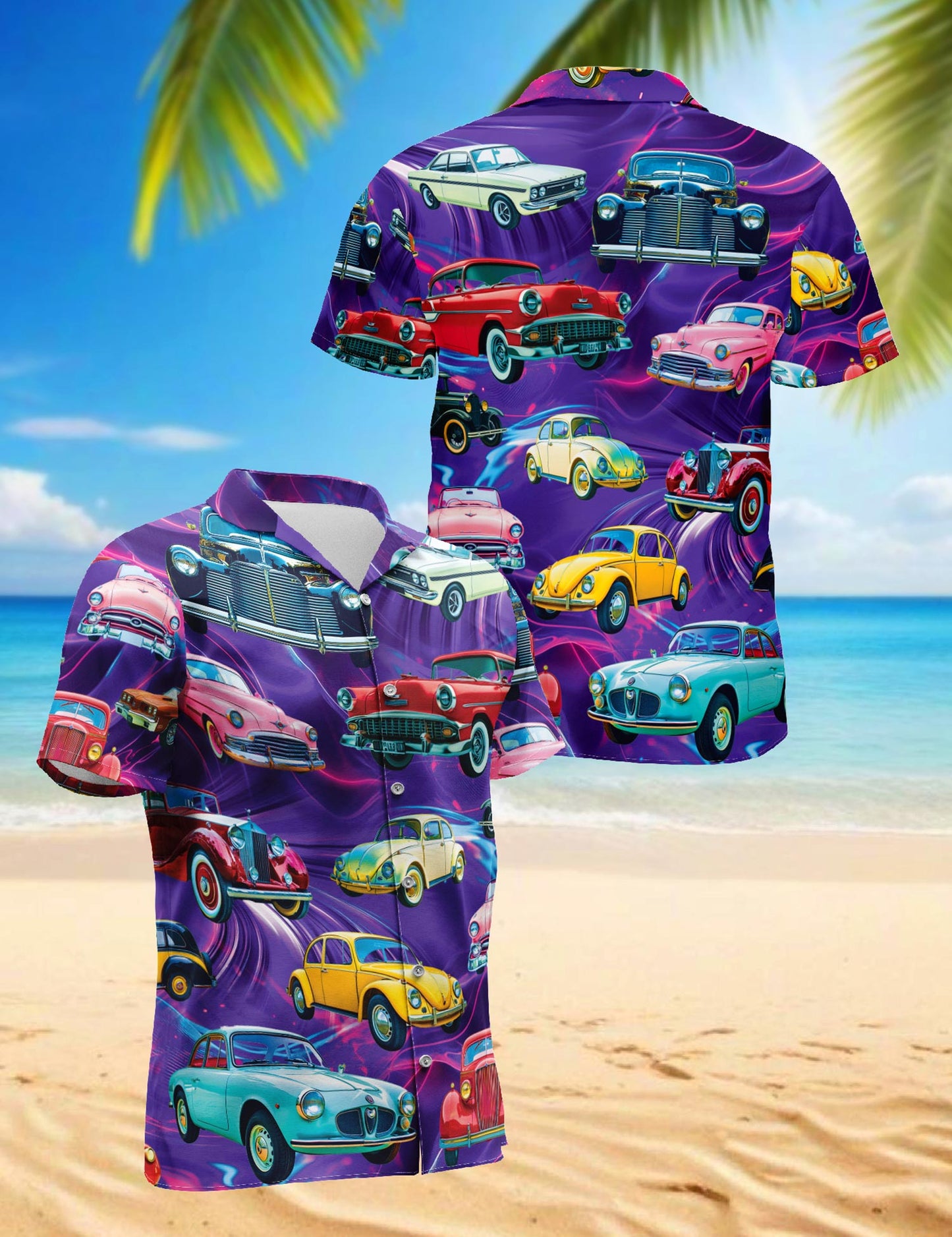 Netecom Hot Rod Classic Cars Hawaiian Shirt for Men, Vintage Style, Button Down Summer Beach Short Sleeve, S-5XL