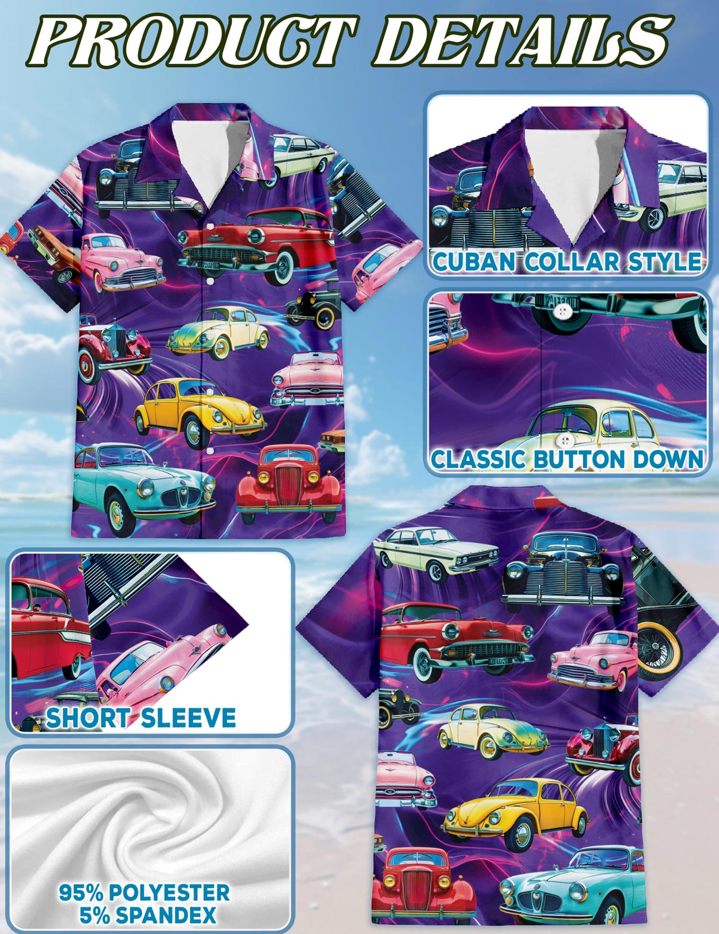 Netecom Hot Rod Classic Cars Hawaiian Shirt for Men, Vintage Style, Button Down Summer Beach Short Sleeve, S-5XL