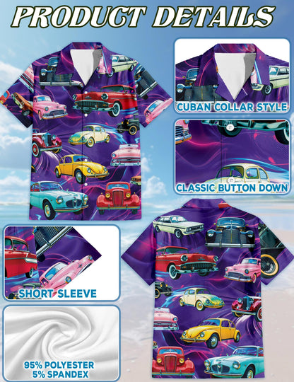 Netecom Hot Rod Classic Cars Hawaiian Shirt for Men, Vintage Style, Button Down Summer Beach Short Sleeve, S-5XL