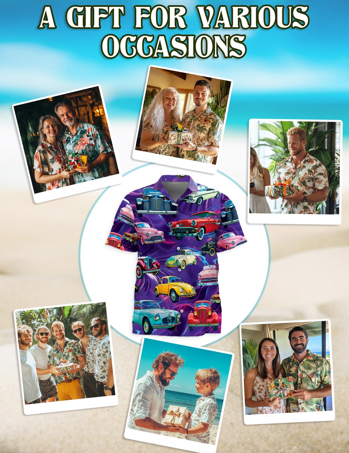 Netecom Hot Rod Classic Cars Hawaiian Shirt for Men, Vintage Style, Button Down Summer Beach Short Sleeve, S-5XL