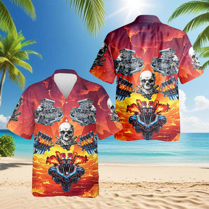 Netecom Hot Rod Skull Hawaiian Shirt for Men, Button Down Summer Beach Short Sleeve, S-5XL