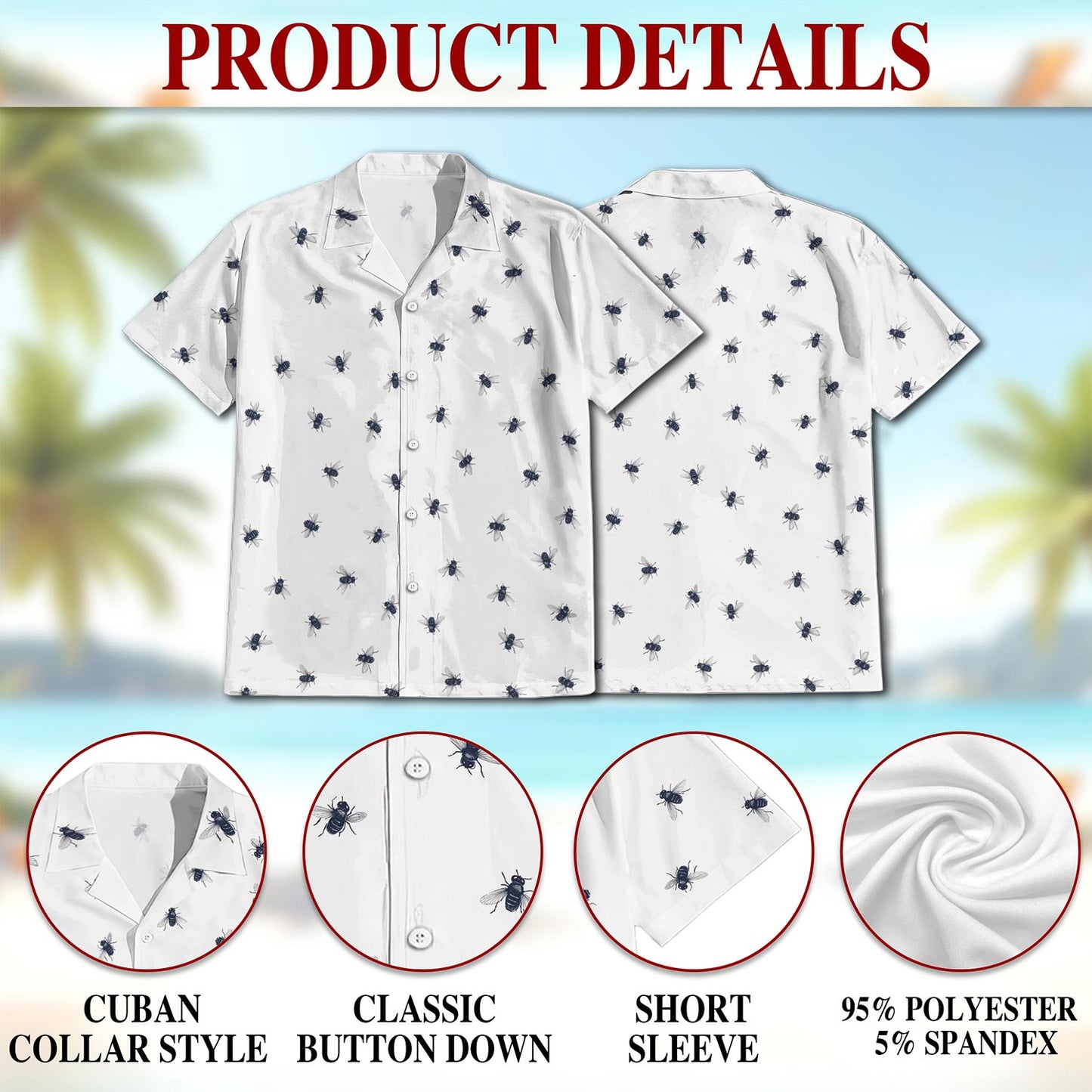 Netecom Housefly Pattern Hawaiian Shirt for Men, Button Down Summer Beach Short Sleeve, Vintage Style, S-5XL