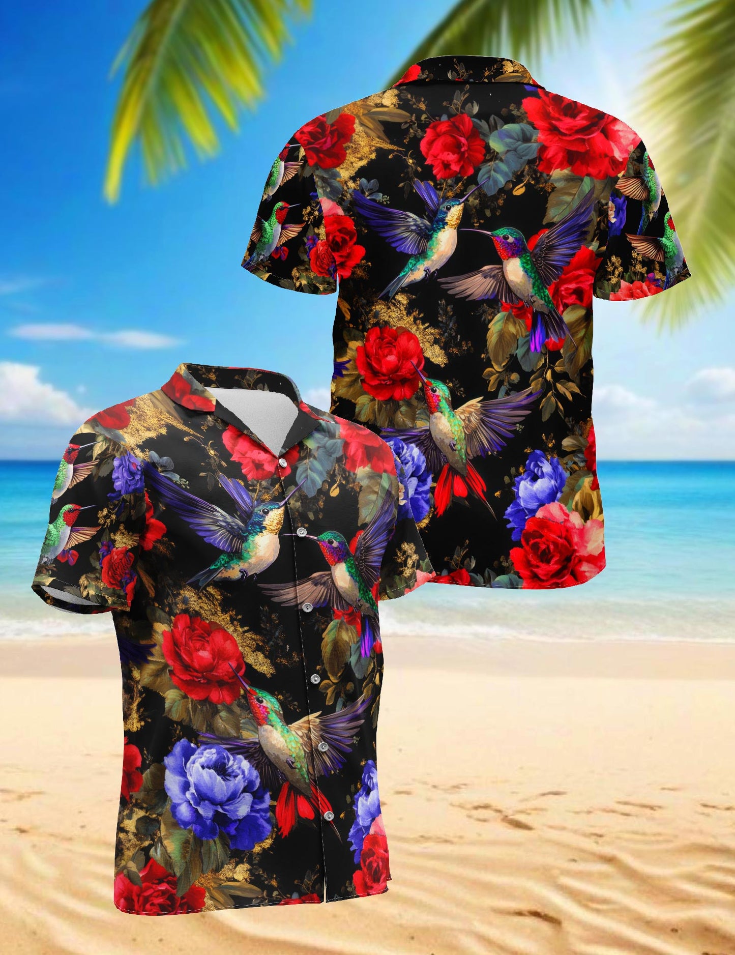Netecom Hummingbird Peonies Hawaiian Shirt for Men, Floral Style, Button Down Summer Beach Short Sleeve, S-5XL