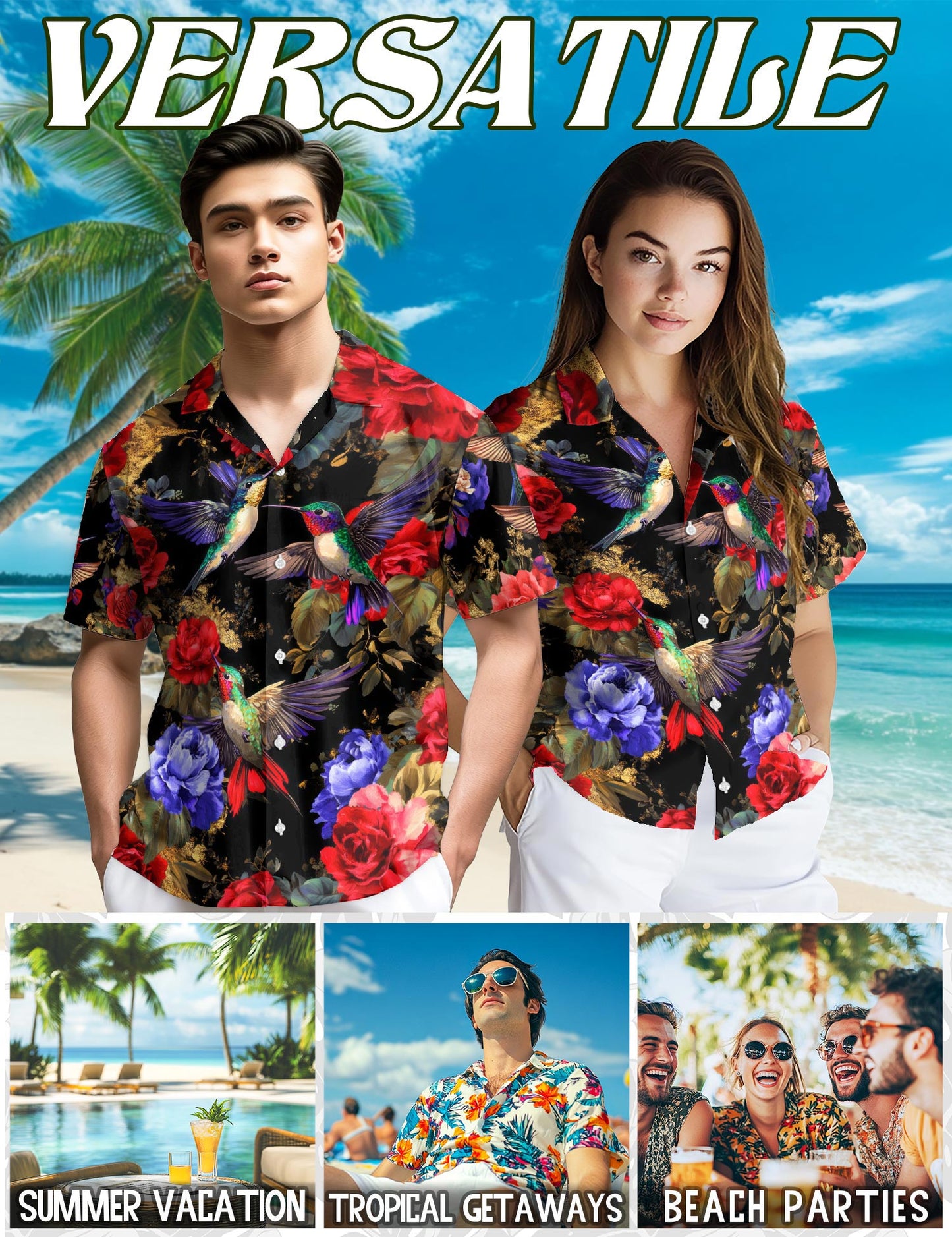Netecom Hummingbird Peonies Hawaiian Shirt for Men, Floral Style, Button Down Summer Beach Short Sleeve, S-5XL