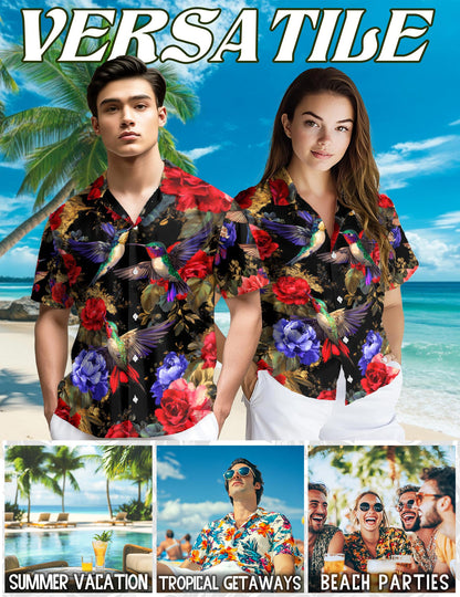 Netecom Hummingbird Peonies Hawaiian Shirt for Men, Floral Style, Button Down Summer Beach Short Sleeve, S-5XL
