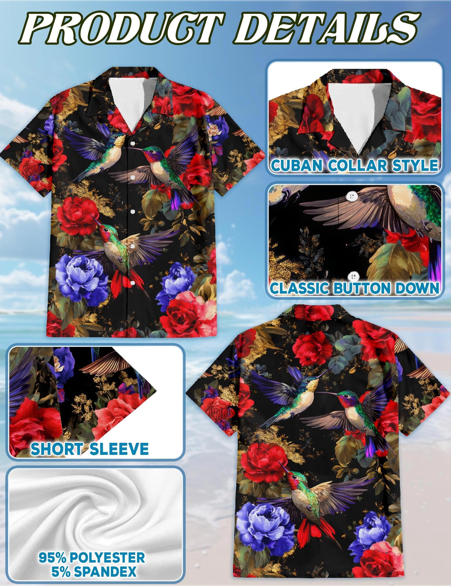 Netecom Hummingbird Peonies Hawaiian Shirt for Men, Floral Style, Button Down Summer Beach Short Sleeve, S-5XL