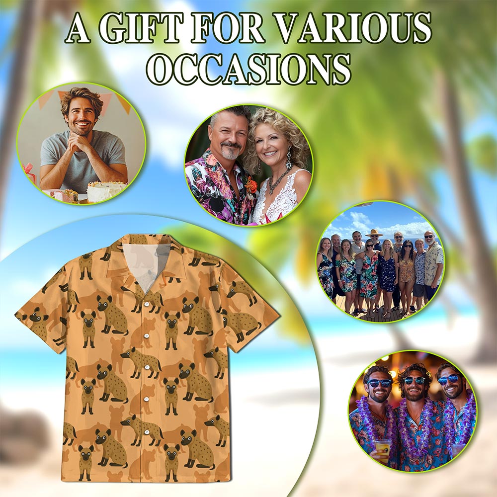 Netecom Hyena Pattern Hawaiian Shirt for Men, Retro Style, Button Down Summer Beach Short Sleeve, S-5XL