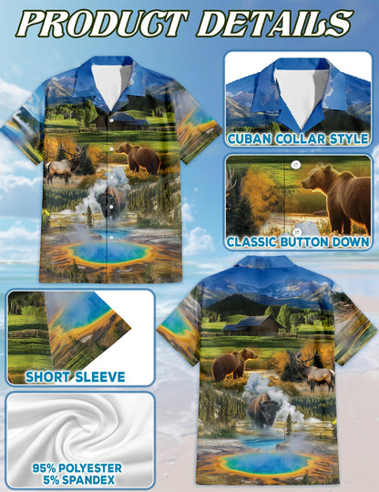 Netecom I Love Yellowstone National Park Hawaiian Shirt for Men, Button Down Summer Beach Short Sleeve, Sizes S-5XL