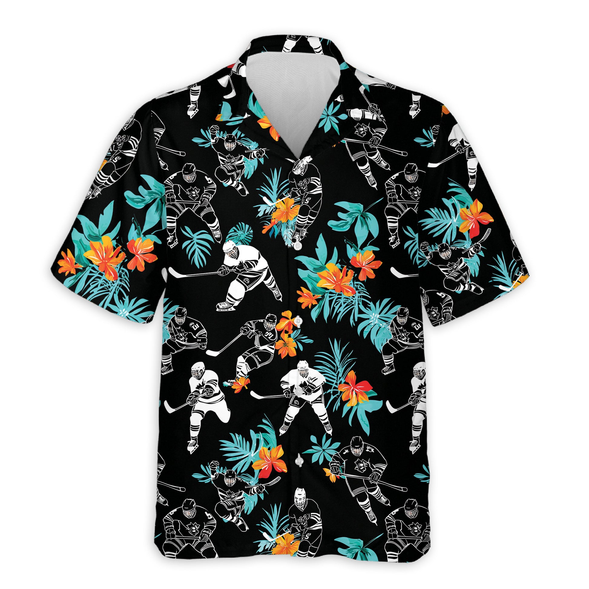 Netecom Ice Hockey Player Black Tropical Flower Hawaiian Aloha Shirt for Men