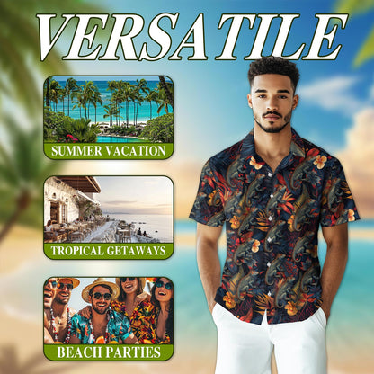 Netecom Iguanas Hawaiian Shirt for Men, Button Down Summer Beach Short Sleeve, Tropical Style, Sizes S-5XL