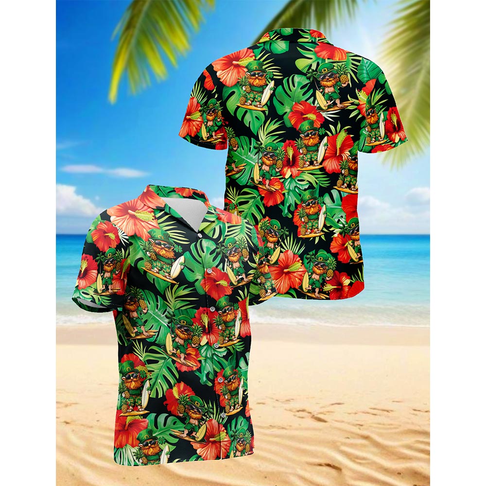 Netecom Irish Leprechaun with Flower Happy St. Patrick's Day Hawaiian Shirt for Men, Button Down Summer Beach Short Sleeve, Festive Style, S-5XL