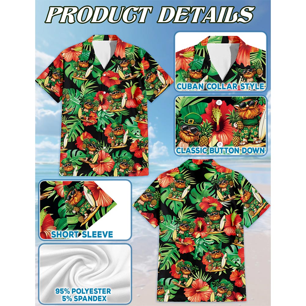 Netecom Irish Leprechaun with Flower Happy St. Patrick's Day Hawaiian Shirt for Men, Button Down Summer Beach Short Sleeve, Festive Style, S-5XL