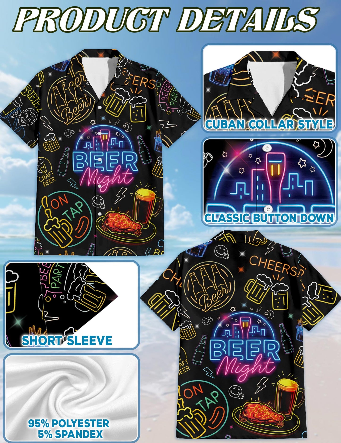 Netecom It's Beer Night Neon Hawaiian Shirt for Men, Button Down Summer Beach Short Sleeve, S-5XL