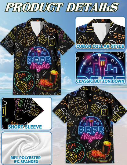 Netecom It's Beer Night Neon Hawaiian Shirt for Men, Button Down Summer Beach Short Sleeve, S-5XL