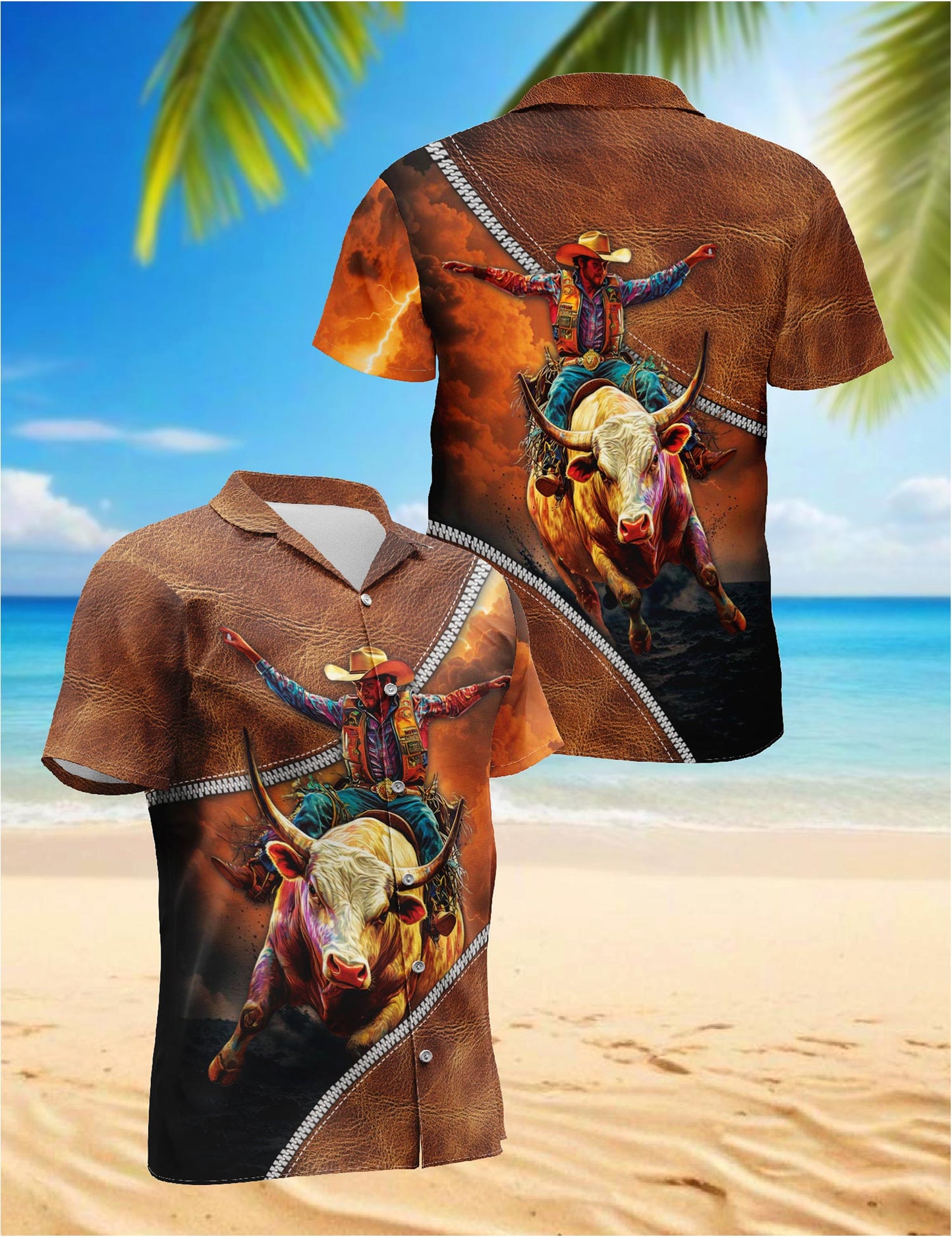 Netecom It's Rodeo Time Bull Riding Hawaiian Shirt for Men, Western Rodeo Style, Button Down Summer Beach Short Sleeve, S-5XL