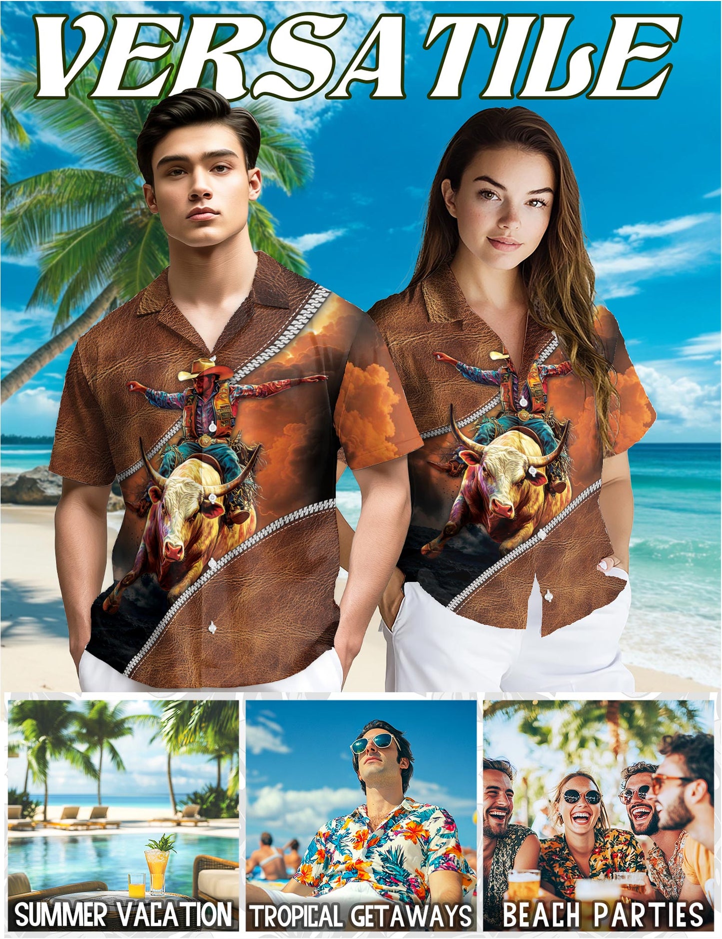 Netecom It's Rodeo Time Bull Riding Hawaiian Shirt for Men, Western Rodeo Style, Button Down Summer Beach Short Sleeve, S-5XL