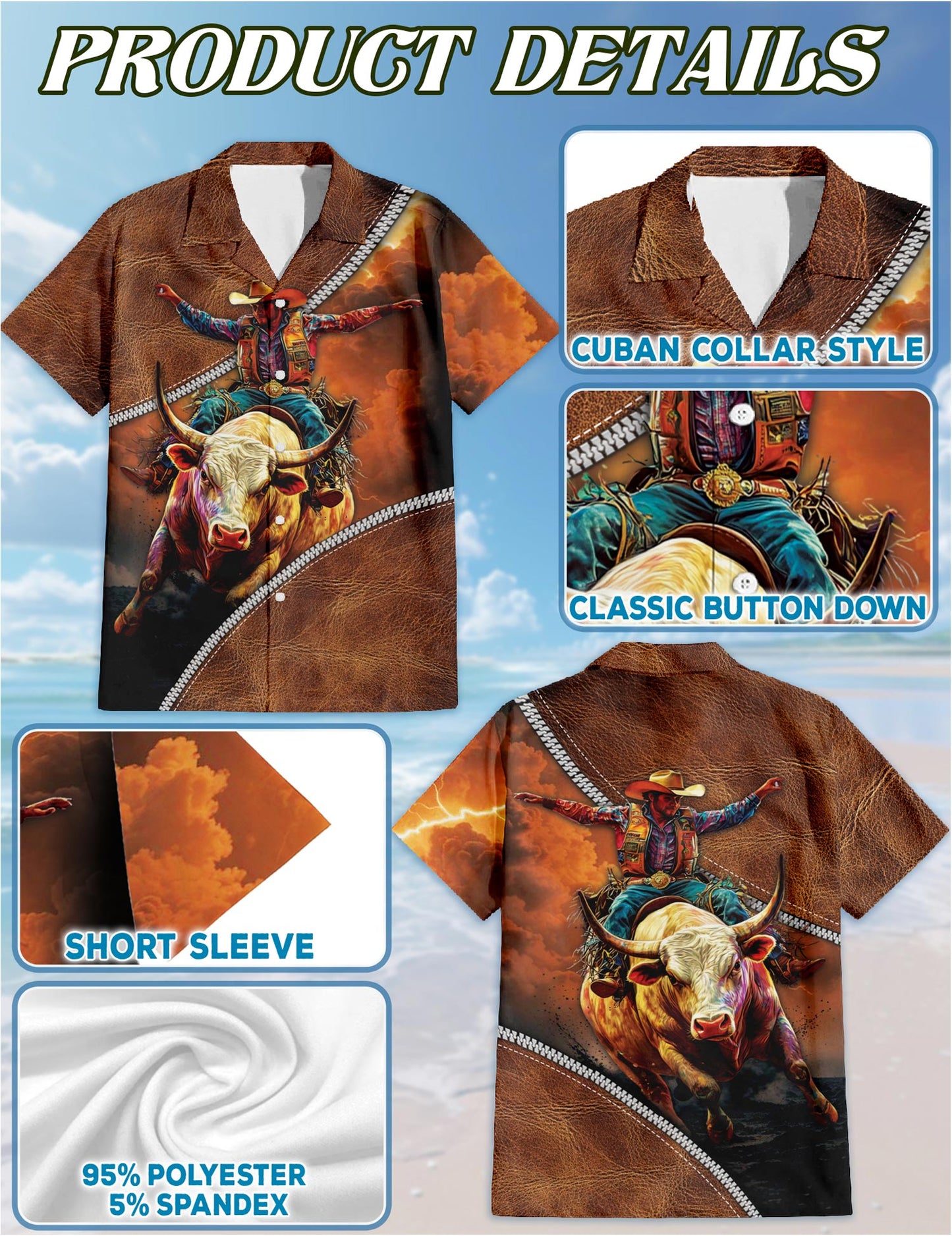 Netecom It's Rodeo Time Bull Riding Hawaiian Shirt for Men, Western Rodeo Style, Button Down Summer Beach Short Sleeve, S-5XL