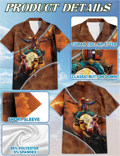 Netecom It's Rodeo Time Bull Riding Hawaiian Shirt for Men, Western Rodeo Style, Button Down Summer Beach Short Sleeve, S-5XL