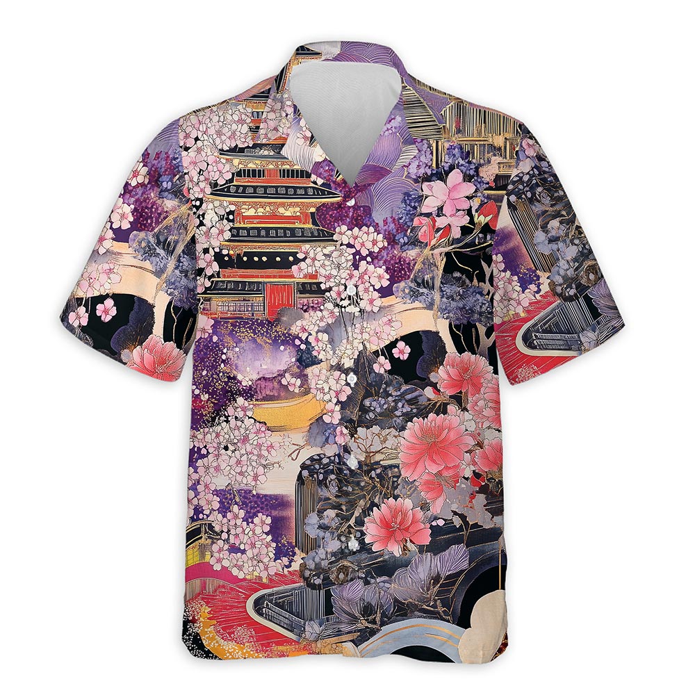 Netecom Japanese Aesthetic Ukiyoe Sakura Cherry Blossom Hawaiian Shirt for Men