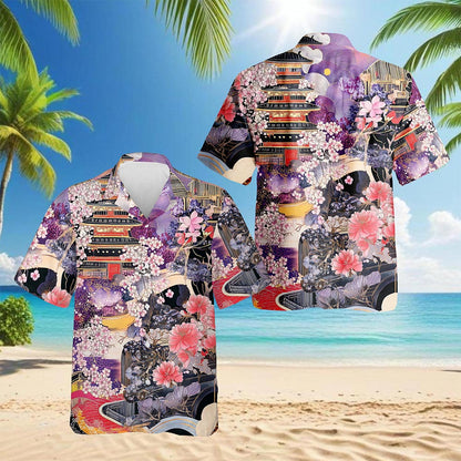 Netecom Japanese Aesthetic Ukiyoe Sakura Cherry Blossom Hawaiian Shirt for Men, Button Down Summer Beach Short Sleeve, S-5XL