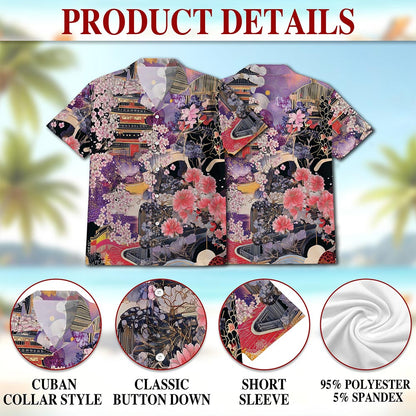 Netecom Japanese Aesthetic Ukiyoe Sakura Cherry Blossom Hawaiian Shirt for Men, Button Down Summer Beach Short Sleeve, S-5XL