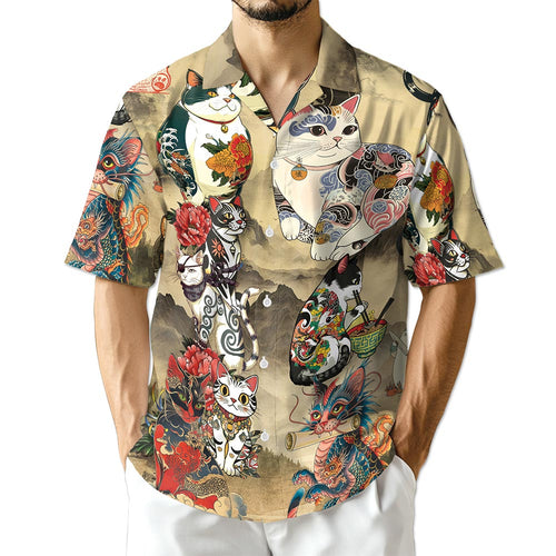 Netecom Japanese Cat Tattoo Hawaiian Shirt for Men