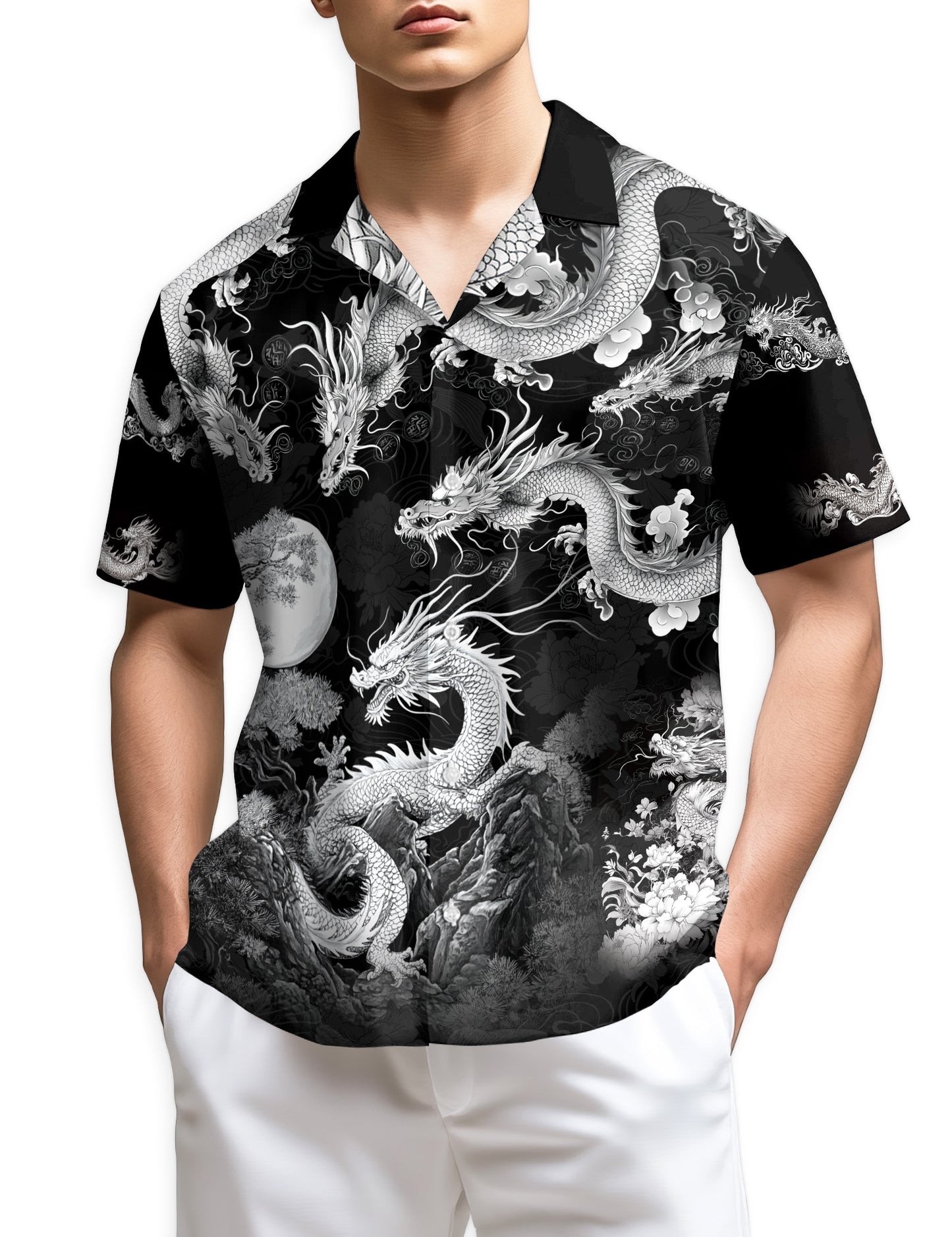 Netecom Japanese Dragon Black Hawaiian Shirt for Men