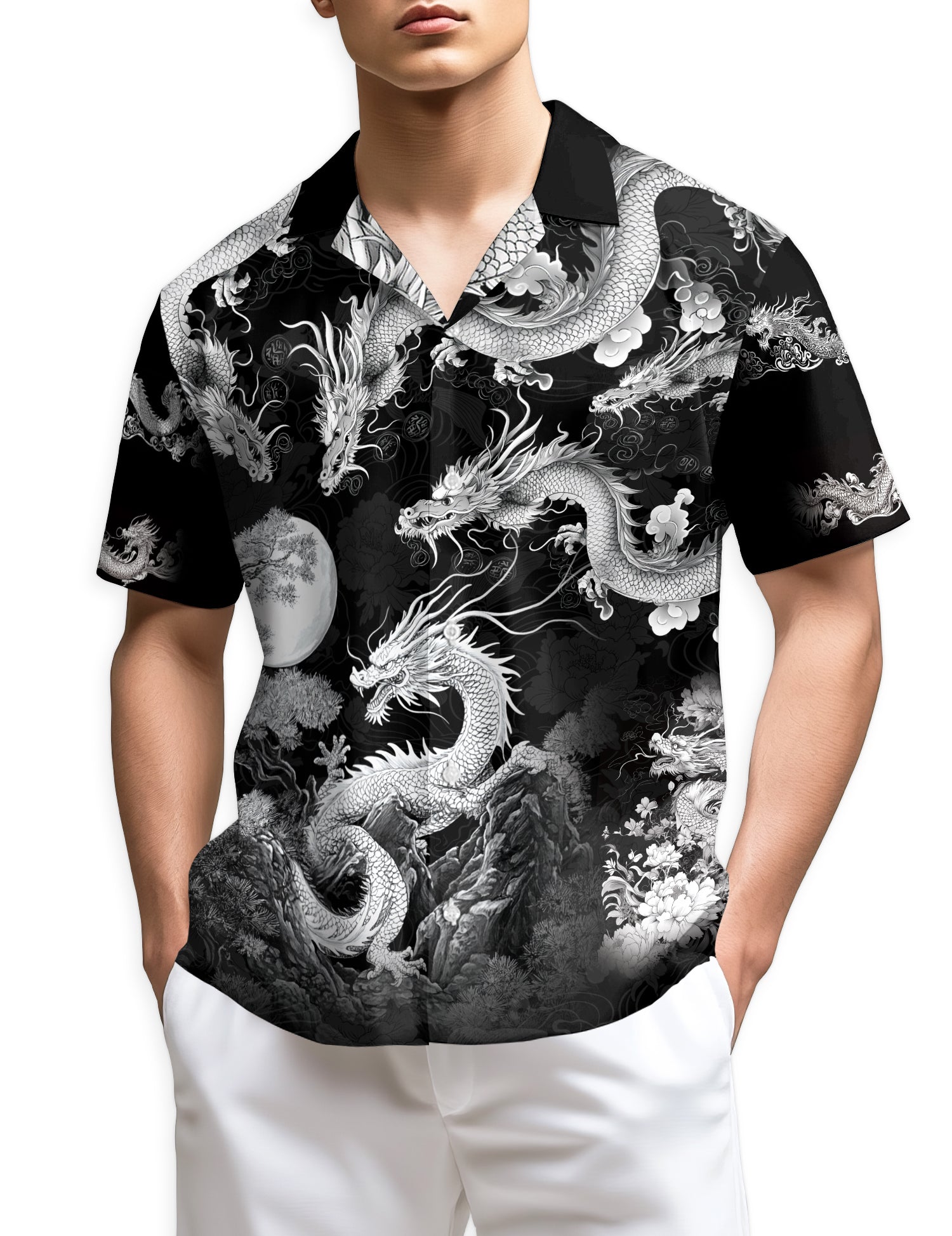 Netecom Japanese Dragon Black Hawaiian Shirt for Men