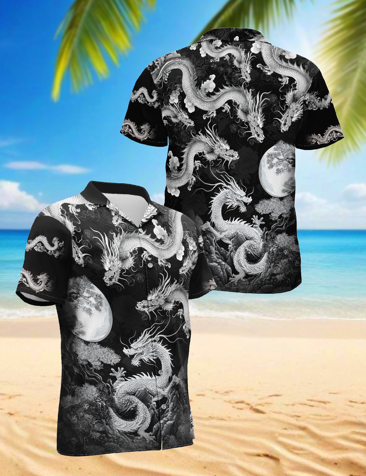 Netecom Japanese Dragon Black Hawaiian Shirt for Men, Traditional Japanese Art Button Down Summer Beach Short Sleeve, S-5XL