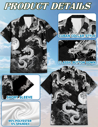 Netecom Japanese Dragon Black Hawaiian Shirt for Men, Traditional Japanese Art Button Down Summer Beach Short Sleeve, S-5XL