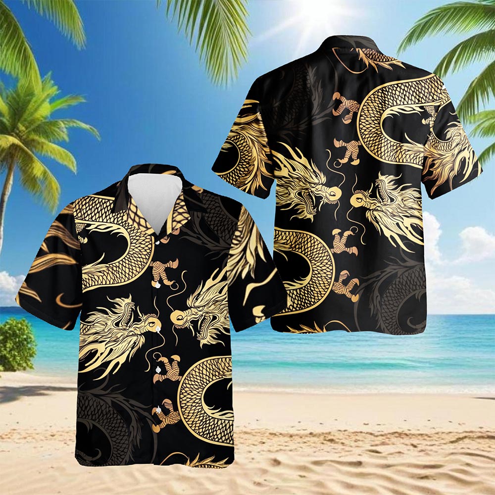 Netecom Japanese Dragon Hawaiian Shirt for Men, Button Down Summer Beach Short Sleeve, S-5XL