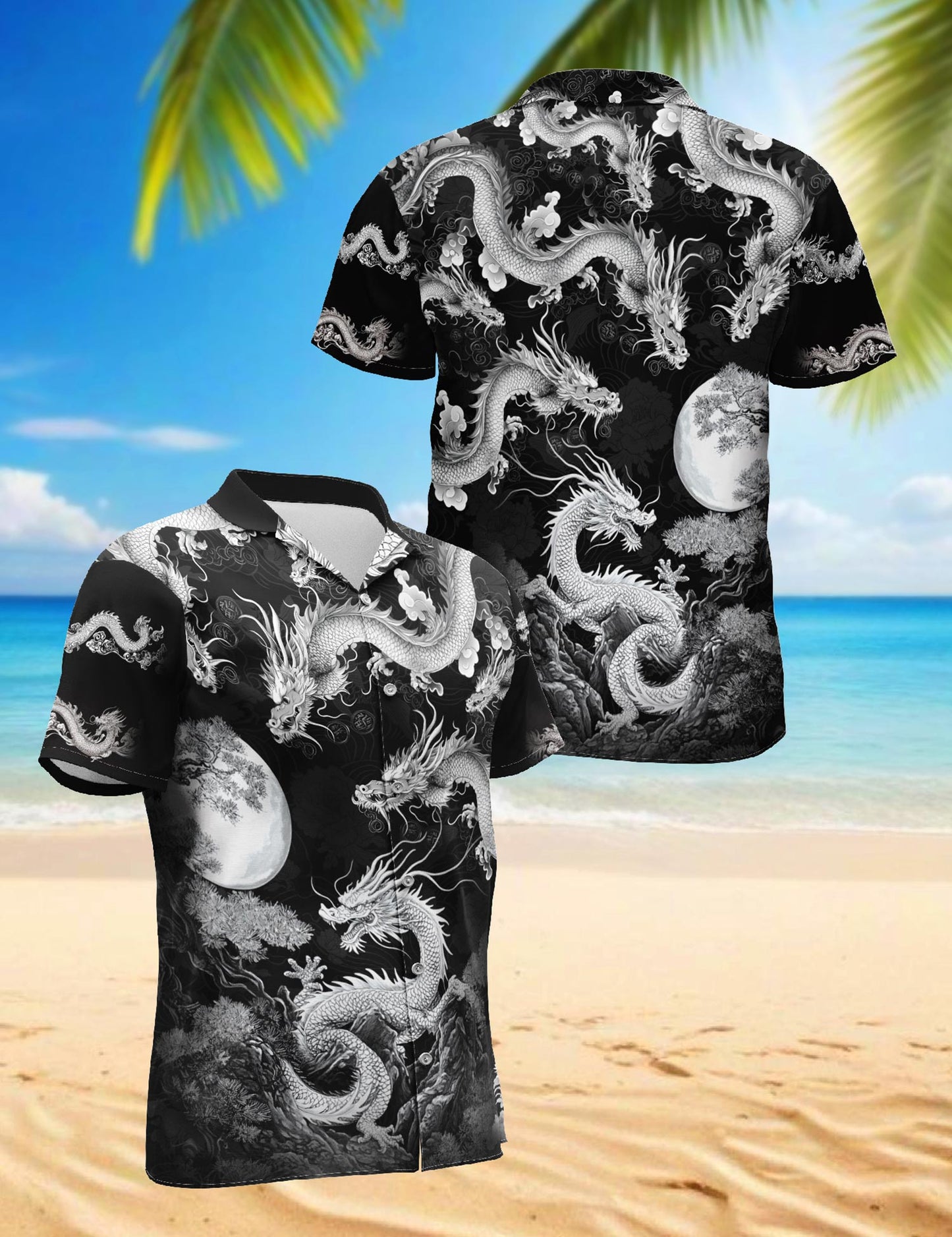 Netecom Japanese Dragon Hawaiian Shirt for Men, Button Down Summer Beach Short Sleeve, S-5XL