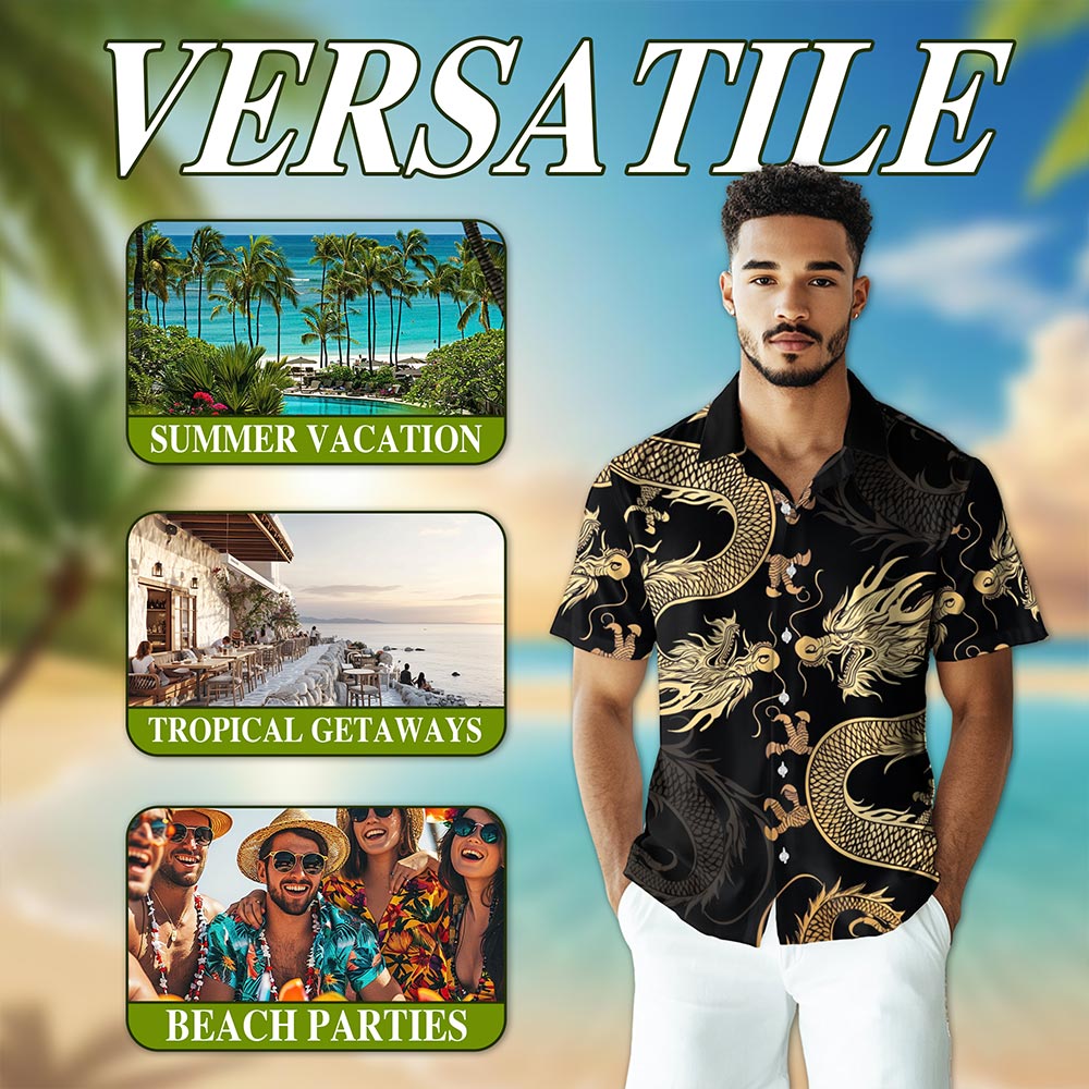 Netecom Japanese Dragon Hawaiian Shirt for Men, Button Down Summer Beach Short Sleeve, S-5XL