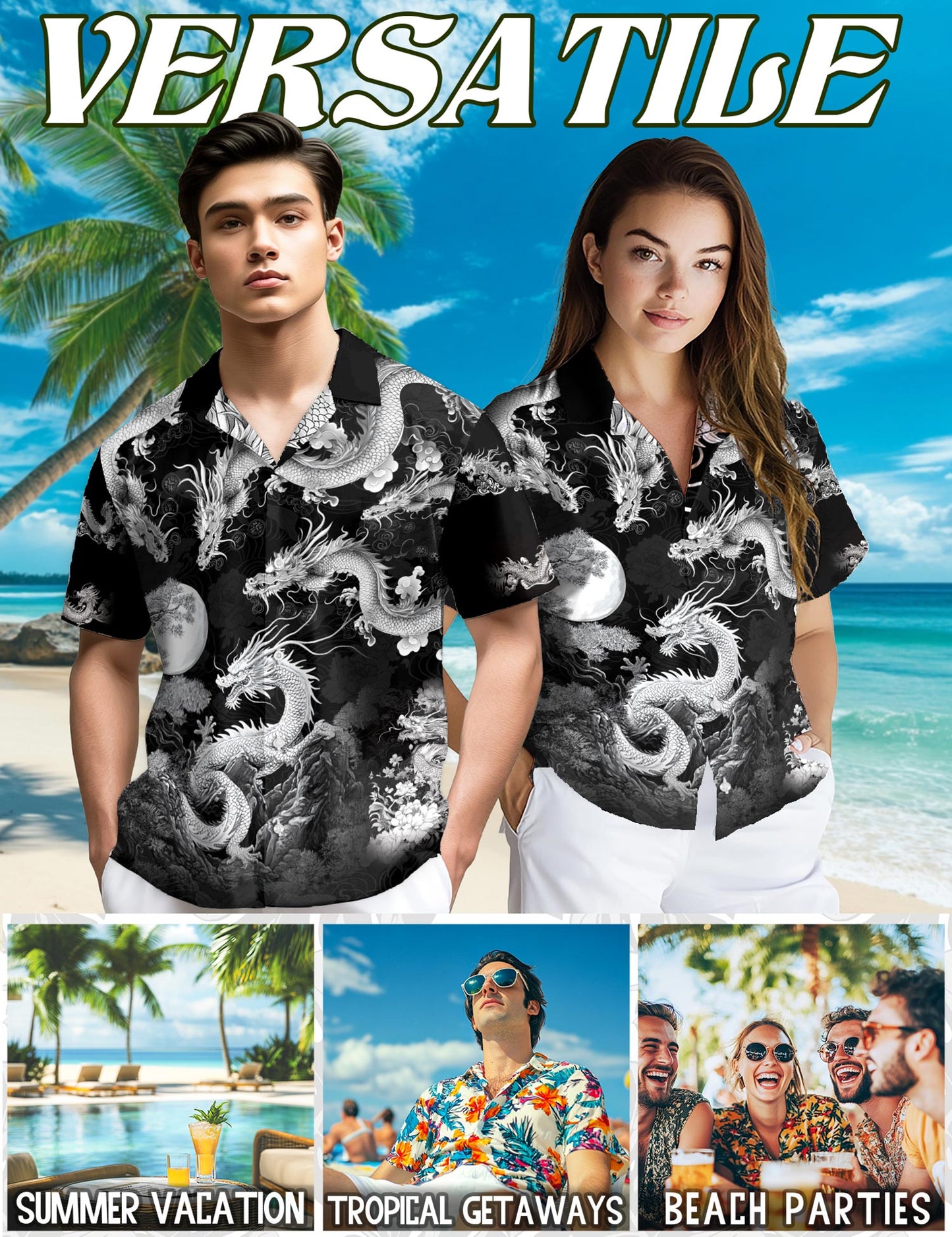 Netecom Japanese Dragon Hawaiian Shirt for Men, Button Down Summer Beach Short Sleeve, S-5XL
