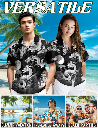 Netecom Japanese Dragon Hawaiian Shirt for Men, Button Down Summer Beach Short Sleeve, S-5XL