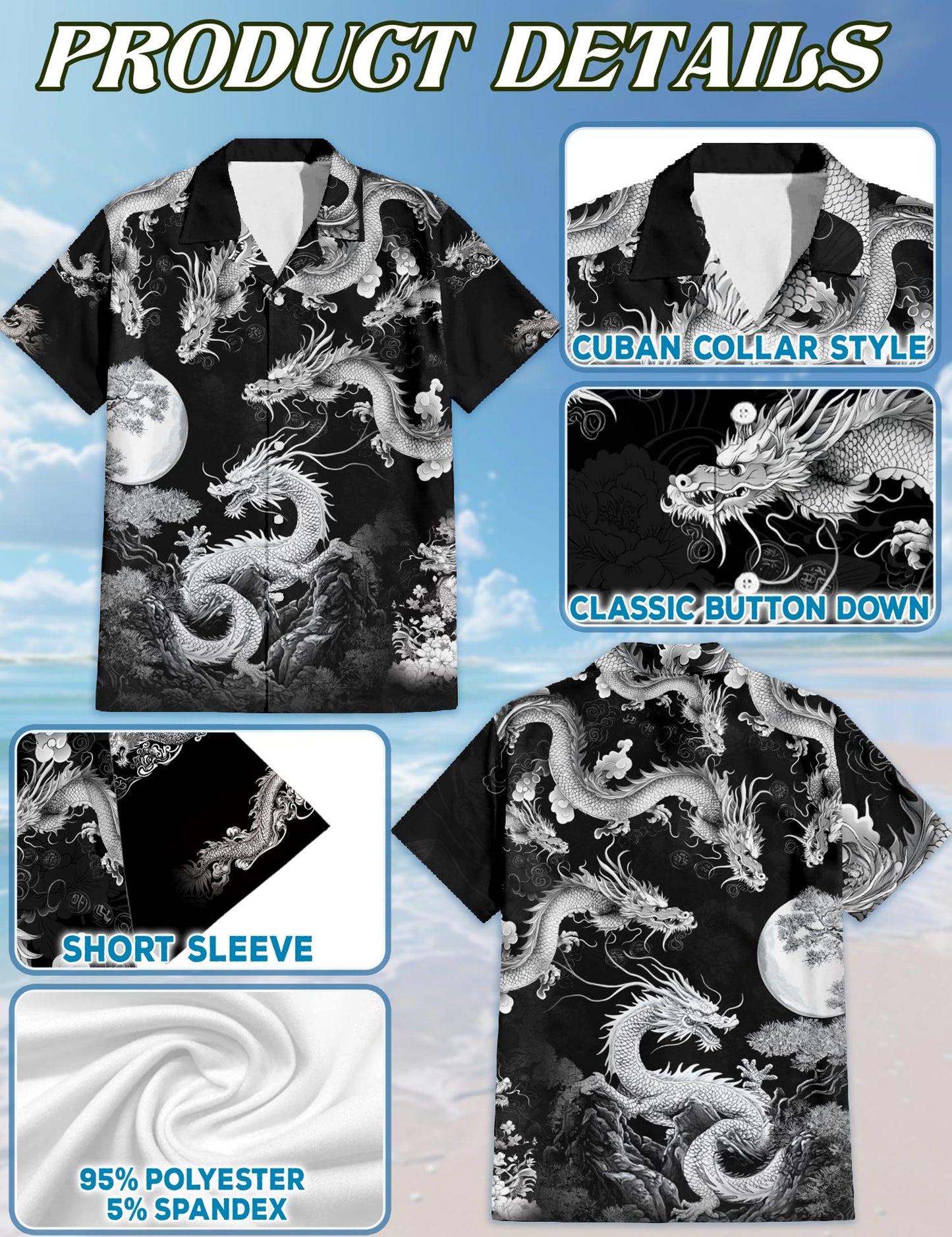 Netecom Japanese Dragon Hawaiian Shirt for Men, Button Down Summer Beach Short Sleeve, S-5XL