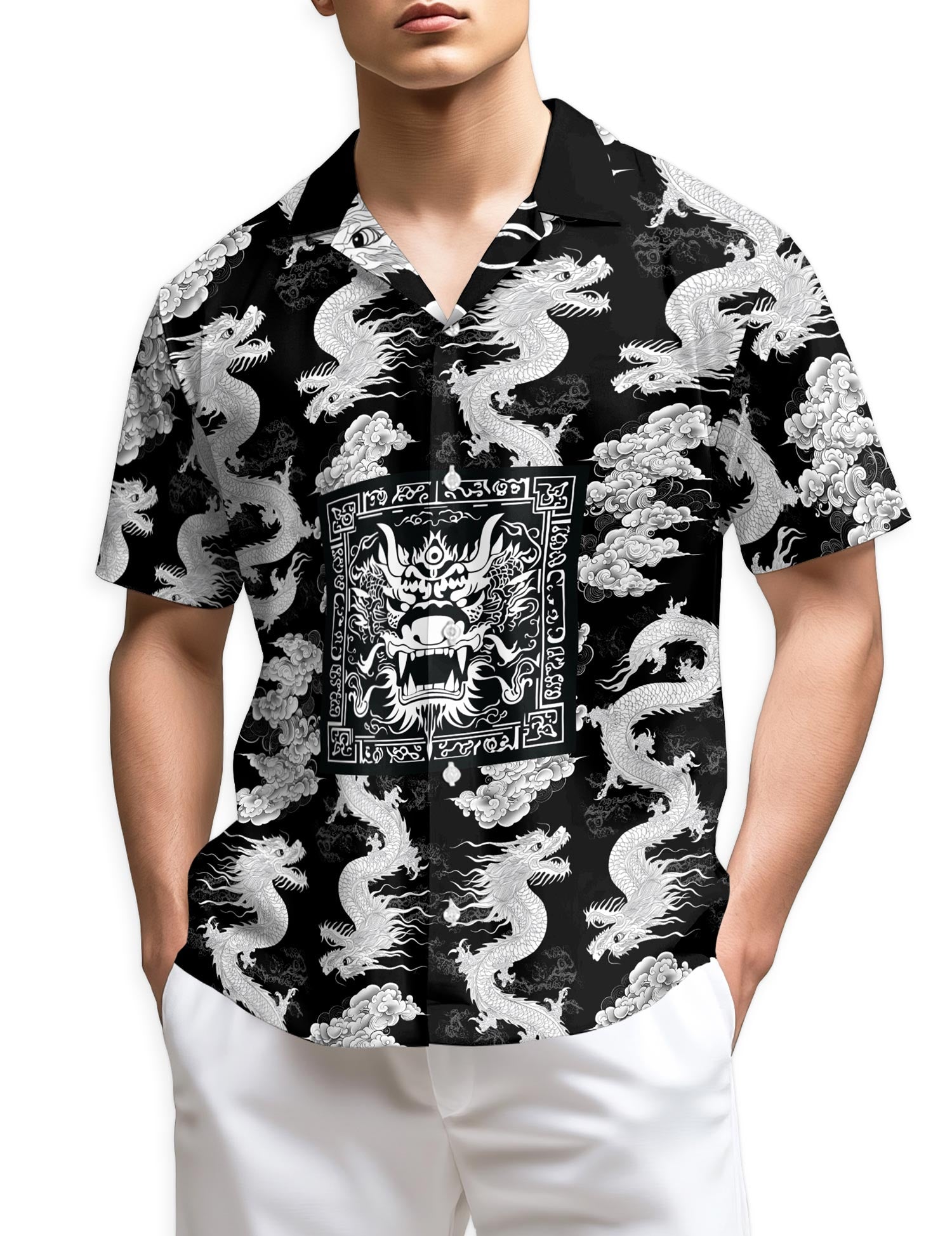 Netecom Japanese Dragon Sakura Hawaiian Shirt for Men