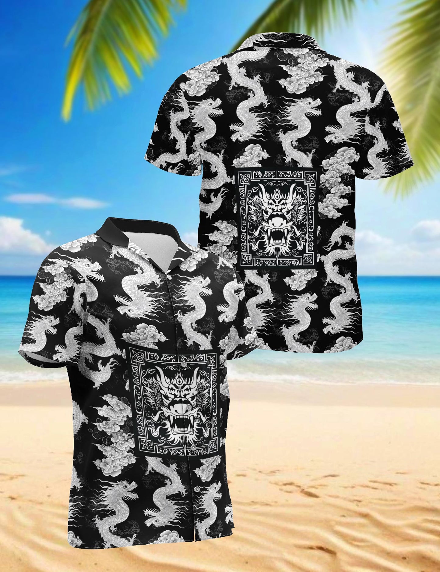 Netecom Japanese Dragon Sakura Hawaiian Shirt for Men, Button Down Summer Beach Short Sleeve, S-5XL