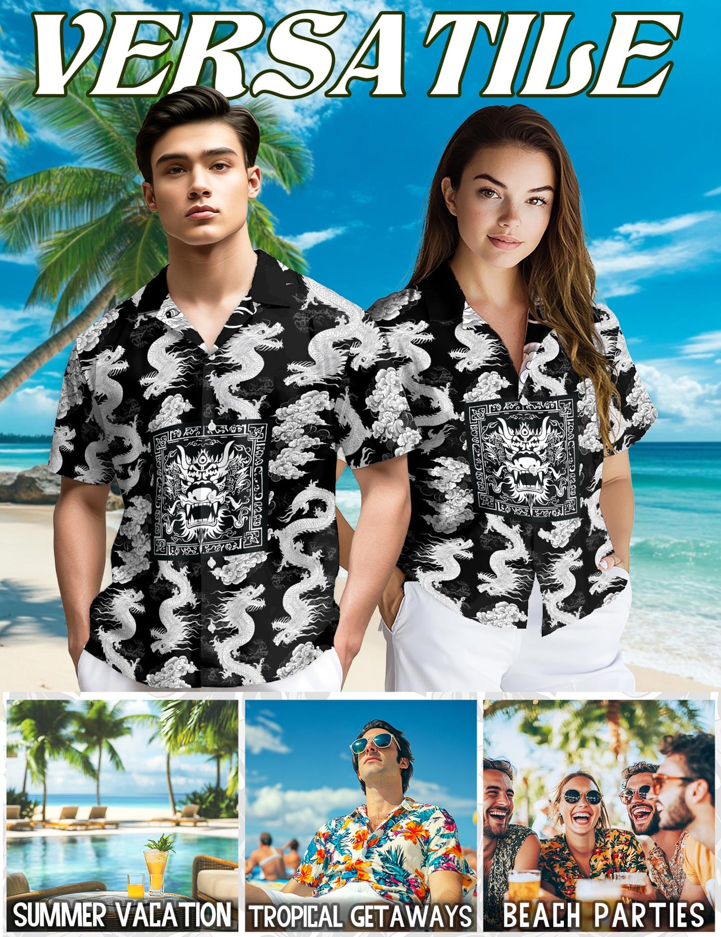 Netecom Japanese Dragon Sakura Hawaiian Shirt for Men, Button Down Summer Beach Short Sleeve, S-5XL