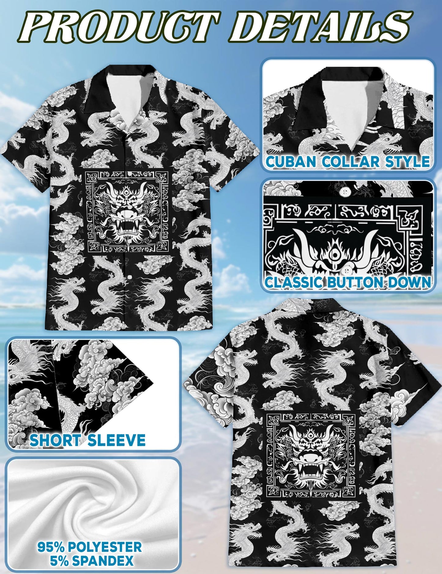 Netecom Japanese Dragon Sakura Hawaiian Shirt for Men, Button Down Summer Beach Short Sleeve, S-5XL
