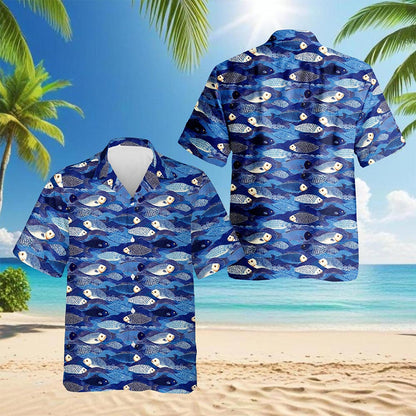 Netecom Japanese Fish Pattern Shirt for Men, Retro Style, Button Down Summer Beach Short Sleeve, S-5XL