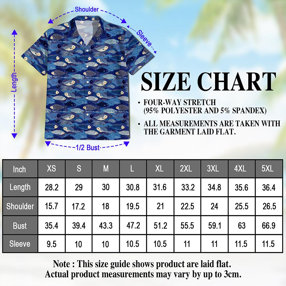 Netecom Japanese Fish Pattern Shirt for Men, Retro Style, Button Down Summer Beach Short Sleeve, S-5XL