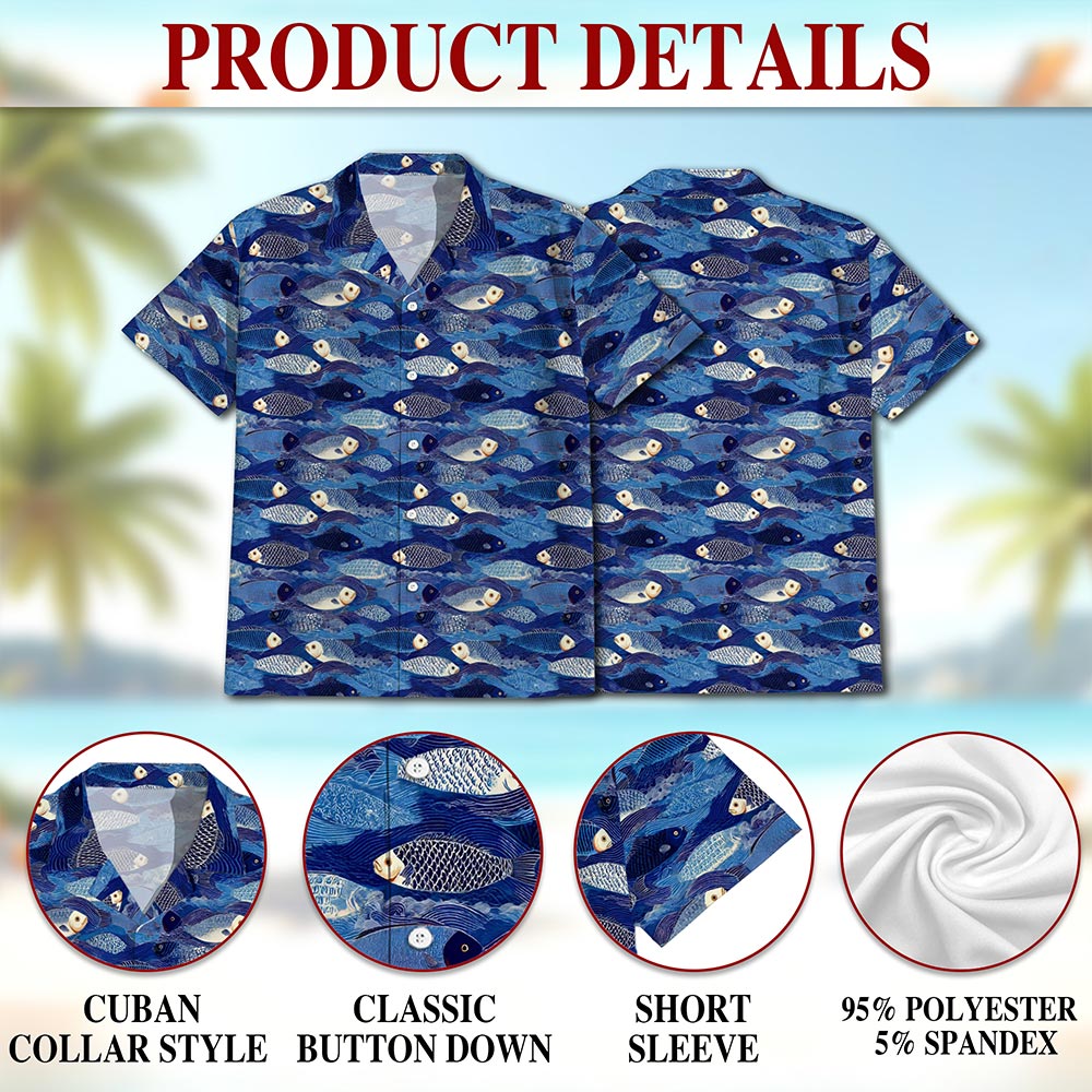 Netecom Japanese Fish Pattern Shirt for Men, Retro Style, Button Down Summer Beach Short Sleeve, S-5XL