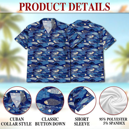 Netecom Japanese Fish Pattern Shirt for Men, Retro Style, Button Down Summer Beach Short Sleeve, S-5XL