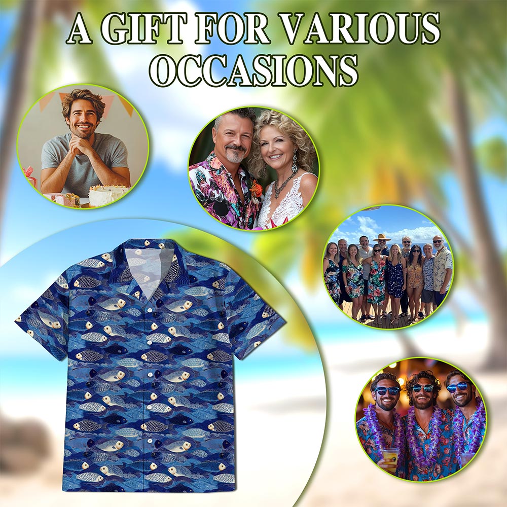 Netecom Japanese Fish Pattern Shirt for Men, Retro Style, Button Down Summer Beach Short Sleeve, S-5XL